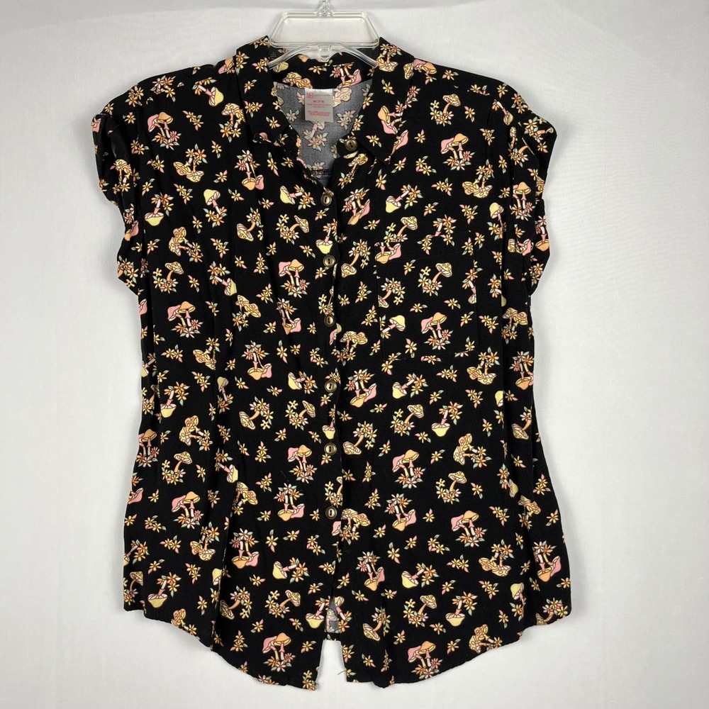 No Boundaries Neon Mushroom Floral Print Button Up Shirt Top M 7/9 Black EUC